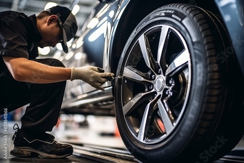 A mechanic changing tires in an automotive service center photo