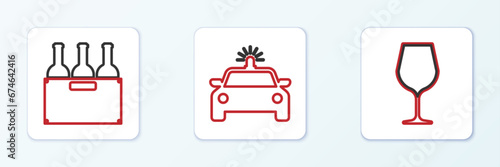 Set line Wine glass, Bottles of wine box and Police car and flasher icon. Vector