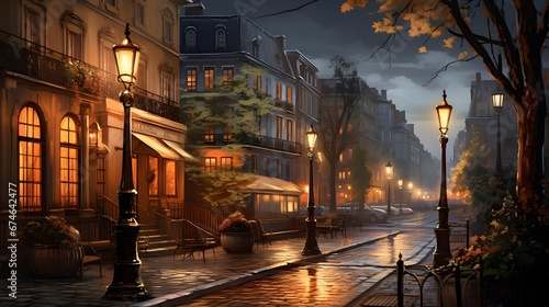 Digital painting of a street in the old town at night, Paris, France