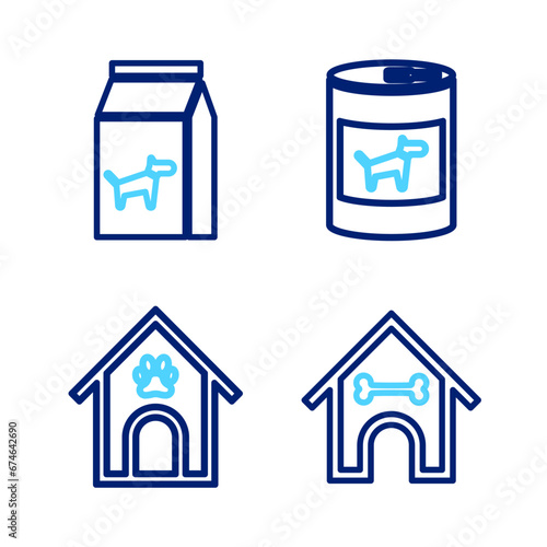 Set line Dog house and bone, paw print pet, Canned food for dog and Bag of icon. Vector