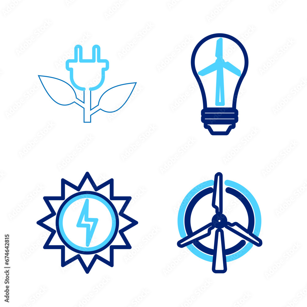 Set line Rotating wind turbine, Solar energy panel, Light bulb with and Electric saving plug leaf icon. Vector Set line Rotating wind turbine, Solar energy panel, Light bulb with and Electric saving plug leaf icon. Vector