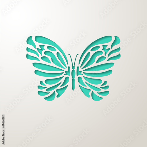 Elegant paper cut turquoise lacy butterfly. Laser cut wedding invitation or greeting card design template. Vector illustration photo