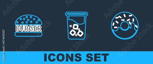 Set line Donut, Burger and Glass with water icon. Vector