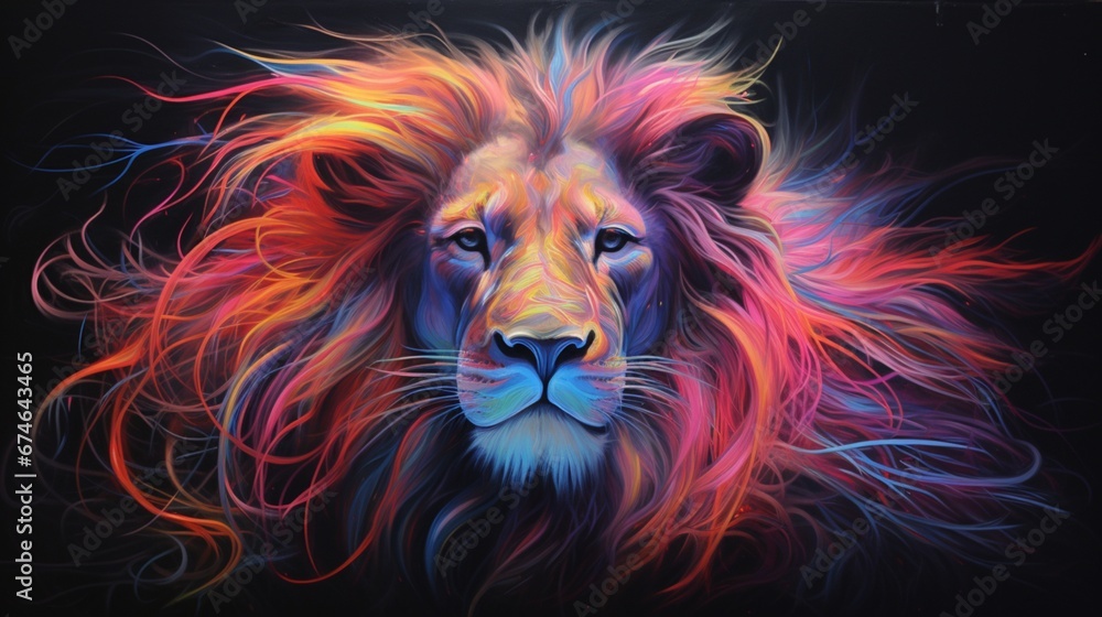 lion neon oil painting, thick burshstroks