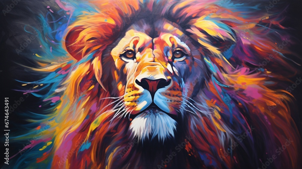 lion neon oil painting, thick burshstroks