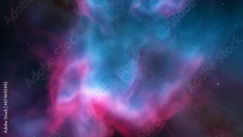 Space background. Camera is flying through the blue and magenta coloured nebula. The stars are everywhere around
