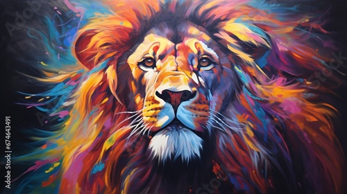 lion neon oil painting  thick burshstroks