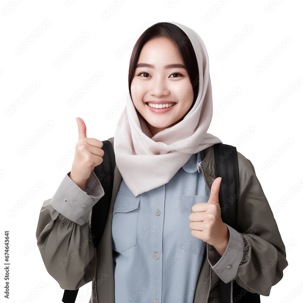 Cheerful young Asian muslim woman in pink shirt showing thumbs up gesture with hand isolated over white background. People religious lifestyle concept Cheerful young Asian muslim woman in pink shirt showing thumbs up gesture with hand isolated over white background. People religious lifestyle concept