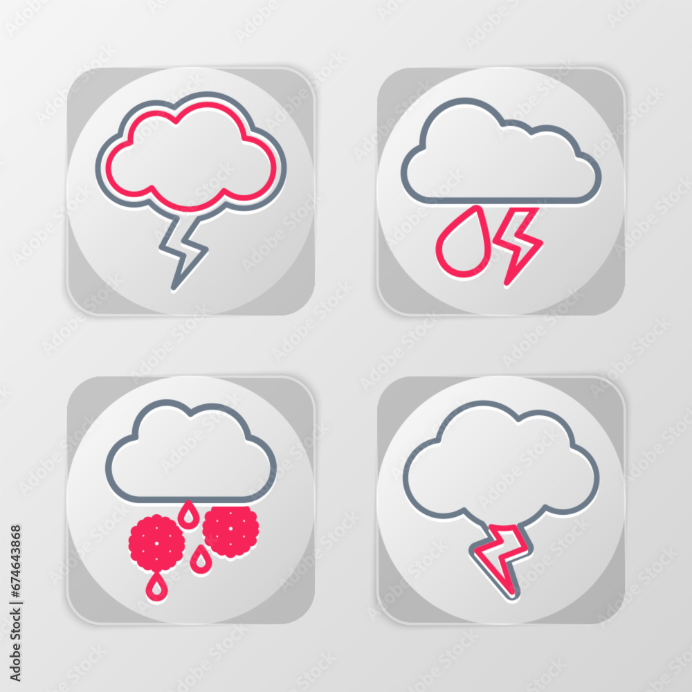 Set line Storm, Cloud with snow and rain, lightning and icon. Vector