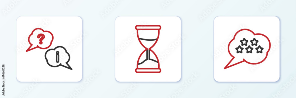 Set line Five stars rating review, Question and Exclamation and Hourglass icon. Vector Set line Five stars rating review, Question and Exclamation and Hourglass icon. Vector