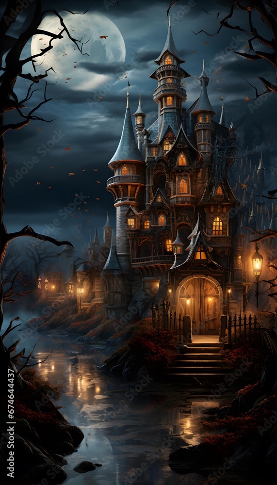 Halloween background with haunted castle and moonlight. Digital painting.
