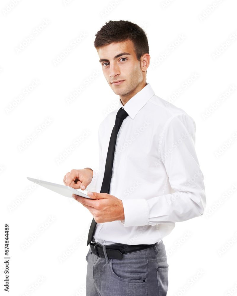 Business, portrait and man with tablet in studio to research information, update software or website on white background. Worker scroll on digital technology for social media, internet network or app Business, portrait and man with tablet in studio to research information, update software or website on white background. Worker scroll on digital technology for social media, internet network or app