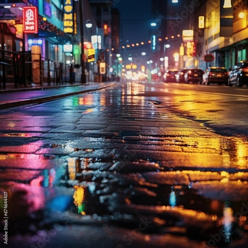 Multi-colored neon lights on a dark city street, reflection of neon light in puddles and water. Abstract night background, blurred bokeh light. Night view colorful