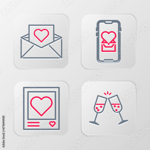 Set line Glass of champagne, Photo frames and hearts, Mobile with and Envelope Valentine icon. Vector