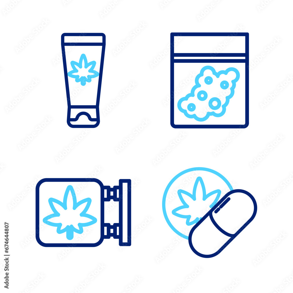 Set line Herbal ecstasy tablets, Marijuana and cannabis store, Plastic bag of and Medical cream with marijuana icon. Vector Set line Herbal ecstasy tablets, Marijuana and cannabis store, Plastic bag of and Medical cream with marijuana icon. Vector
