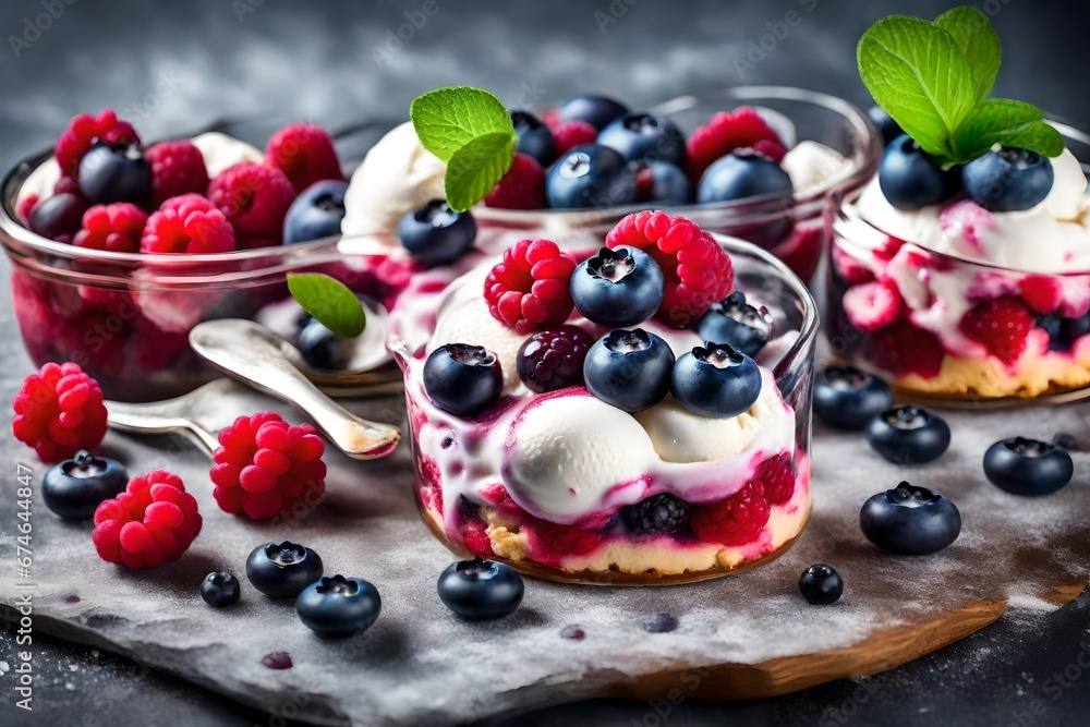 Summer dessert with ice cream, blueberries, raspberries and bilberries