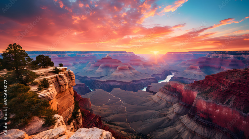 The Grand Canyon at sunrise, Canon RF 16mm f:2.8 STM Lens, hyper realistic photography, style of unsplash and National Geographic. Ai Generated.NO.04