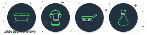 Set line Bucket with rag, Brush for cleaning, Bathtub and Garbage bag icon. Vector