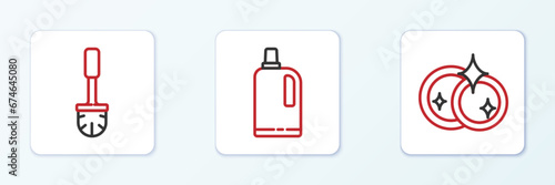 Set line Washing dishes, Toilet brush and Fabric softener icon. Vector