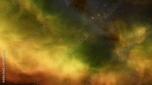 Flight through the galaxy, through the stars of the nebula in space. Colorful space background