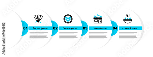 Set line Soup with shrimps, Seafood store, Caviar on plate and Scallop sea shell icon. Vector