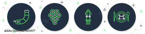Set line Caviar, Octopus, Shrimp and Served crab on plate icon. Vector