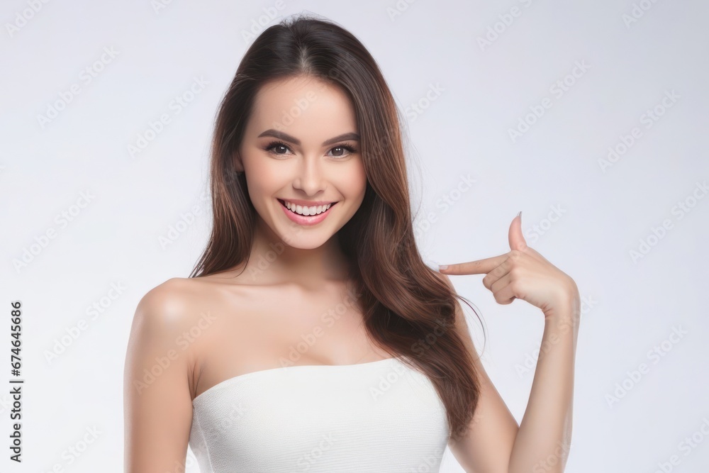 Portrait beautiful brunette model woman with a finger pointing on yourself. Generative AI Portrait beautiful brunette model woman with a finger pointing on yourself. Generative AI