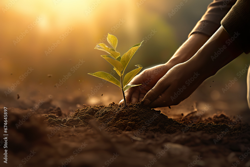 Fototapeta premium human hand stokes the soil to plant a seed
