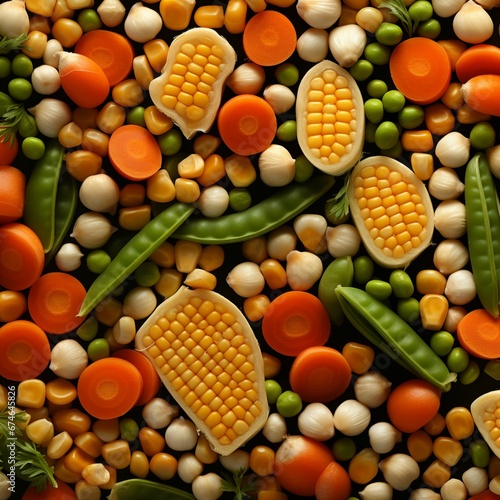 Seamless food background made of opened canned chickpeas, green sprouts, carrots, corn, peas, beans and mushrooms on black background