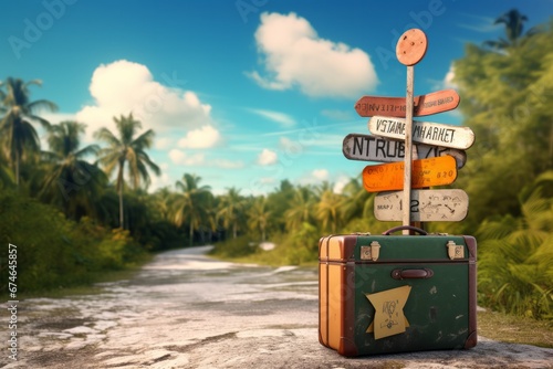 A suitcase and a signpost displaying travel destinations, symbolizing travel and adventure photo