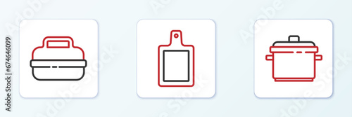 Set line Cooking pot, and Cutting board icon. Vector