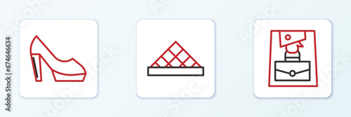 Set line Handbag, Woman shoe and Louvre museum icon. Vector