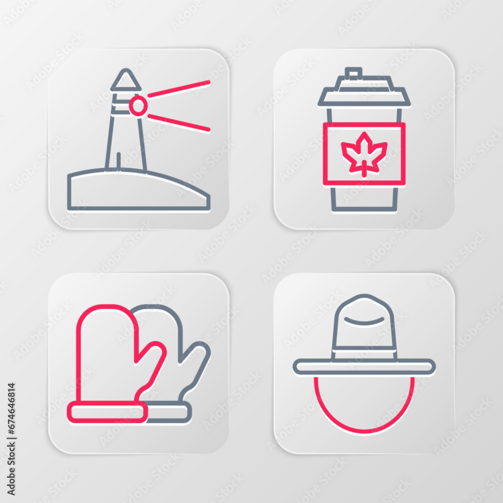 Set line Canadian ranger hat, Christmas mitten, Coffee cup to go and Lighthouse icon. Vector Set line Canadian ranger hat, Christmas mitten, Coffee cup to go and Lighthouse icon. Vector