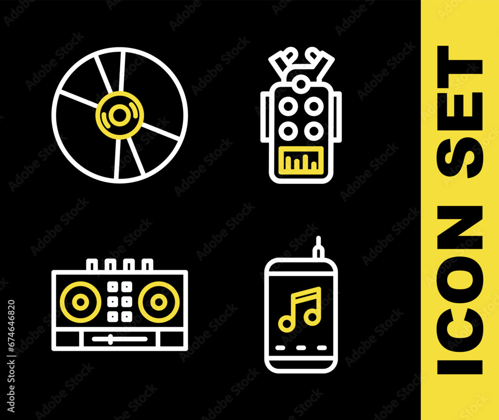 Set line Microphone, Music player, DJ remote and mixing music and CD or DVD disk icon. Vector