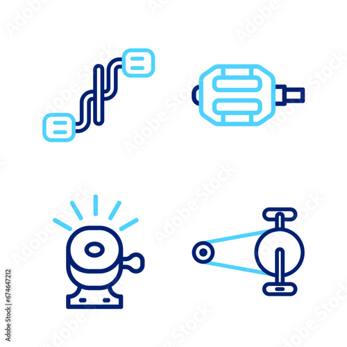 Set line Bicycle chain with gear, bell, pedal and pedals icon. Vector
