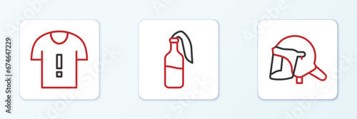 Set line Police helmet, T-shirt protest and Cocktail molotov icon. Vector