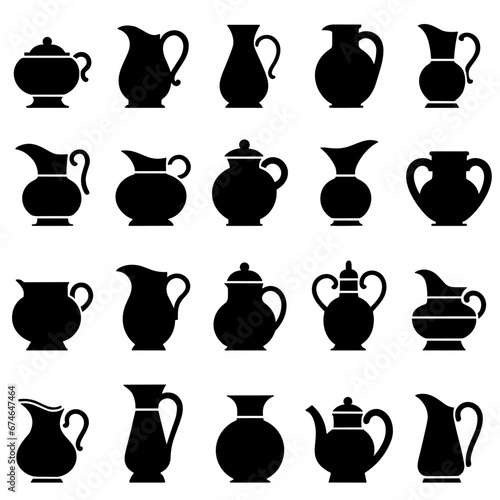 Water jug icon. Set of different silhouettes of decanter. Symbols of pitcher of water.