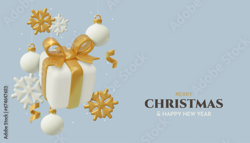 New Year and Christmas holiday banner design with 3D realistic gift box, snowflakes and ornaments. White and gold three dimensional decorations on blue background.
