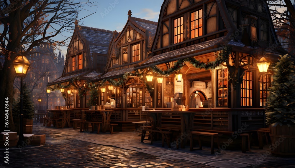 Cafe in the city at night. Christmas, New Year and winter concept.