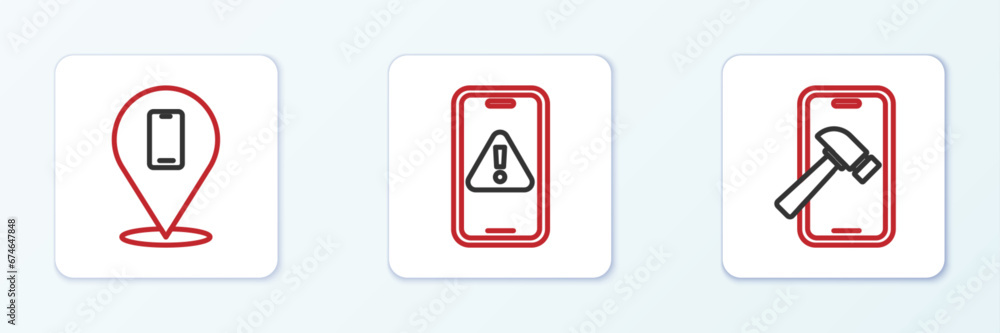 Set line Mobile with broken screen, Phone repair service and exclamation mark icon. Vector Set line Mobile with broken screen, Phone repair service and exclamation mark icon. Vector