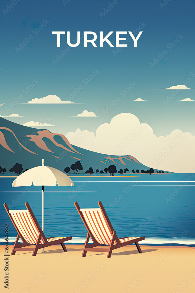 Naklejka premium Turkey vintage travel poster. How AI sees vacation in this country.