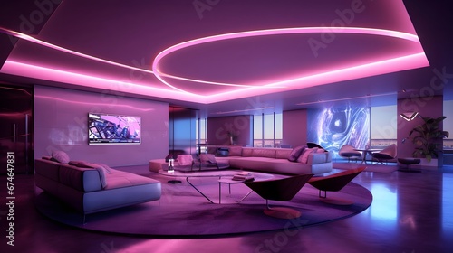 Modern interior of a living room in neon light. 3d rendering