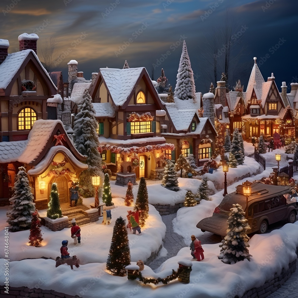Miniature Christmas village in the snow at night. Christmas and New Year concept.