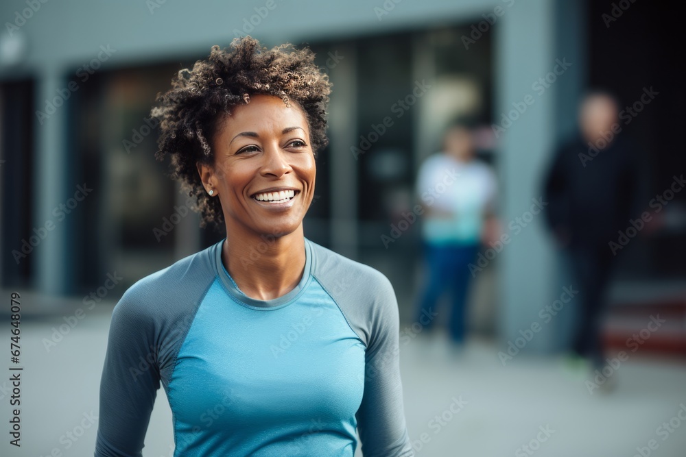 Close-up portrait of slender mature African American woman in sportswear while training outdoor. Attractive smiling black lady jogging or walking in city street. Active lifestyle in urban environment.