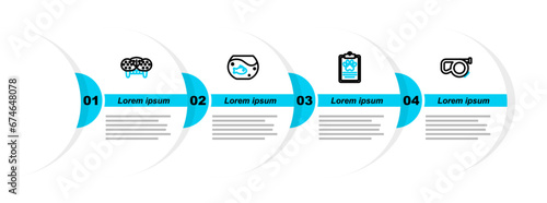 Set line Retractable cord leash, Clinical record pet, Aquarium with fish and Cat tooth icon. Vector