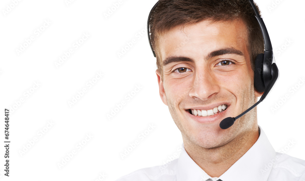 Call center, portrait and smile of man with space for customer service, CRM questions and mockup on white background. Face of happy telemarketing salesman, consultant and microphone in studio for IT Call center, portrait and smile of man with space for customer service, CRM questions and mockup on white background. Face of happy telemarketing salesman, consultant and microphone in studio for IT