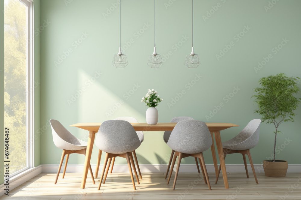 Fototapeta premium Modern Dining Room in Scandinavian Style - Pastel Green Wall and Wooden Furniture