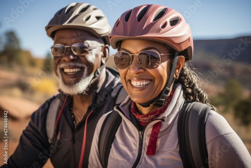 Portrait of elderly smiling African American couple riding bicycles together along picturesque country road. Cheerful seniors in bike helmets. Retired people lead active lifestyle to stay healthy.