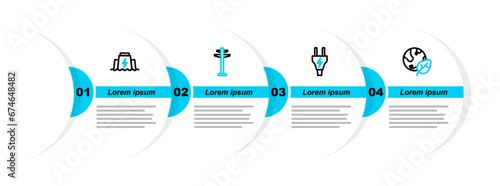 Set line Earth globe and leaf, Electric plug, tower and Hydroelectric dam icon. Vector