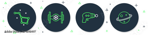 Set line Cosmic ship, Ray gun, Great Bear constellation and Planet Saturn icon. Vector